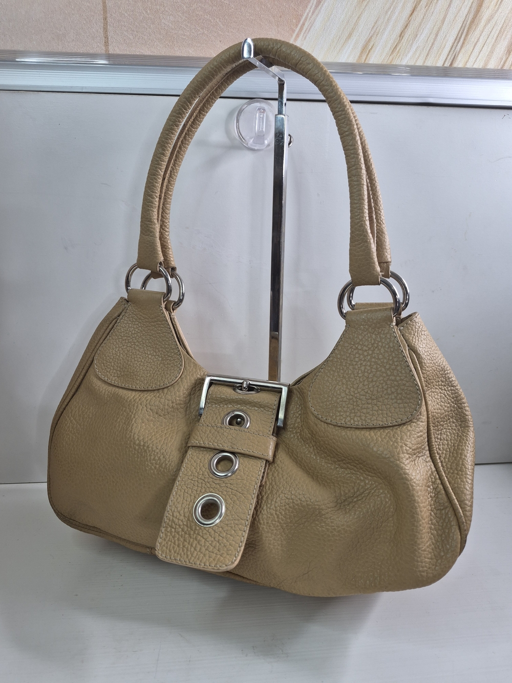 Prada Tan Leather Shoulder Bag with Buckle Detail